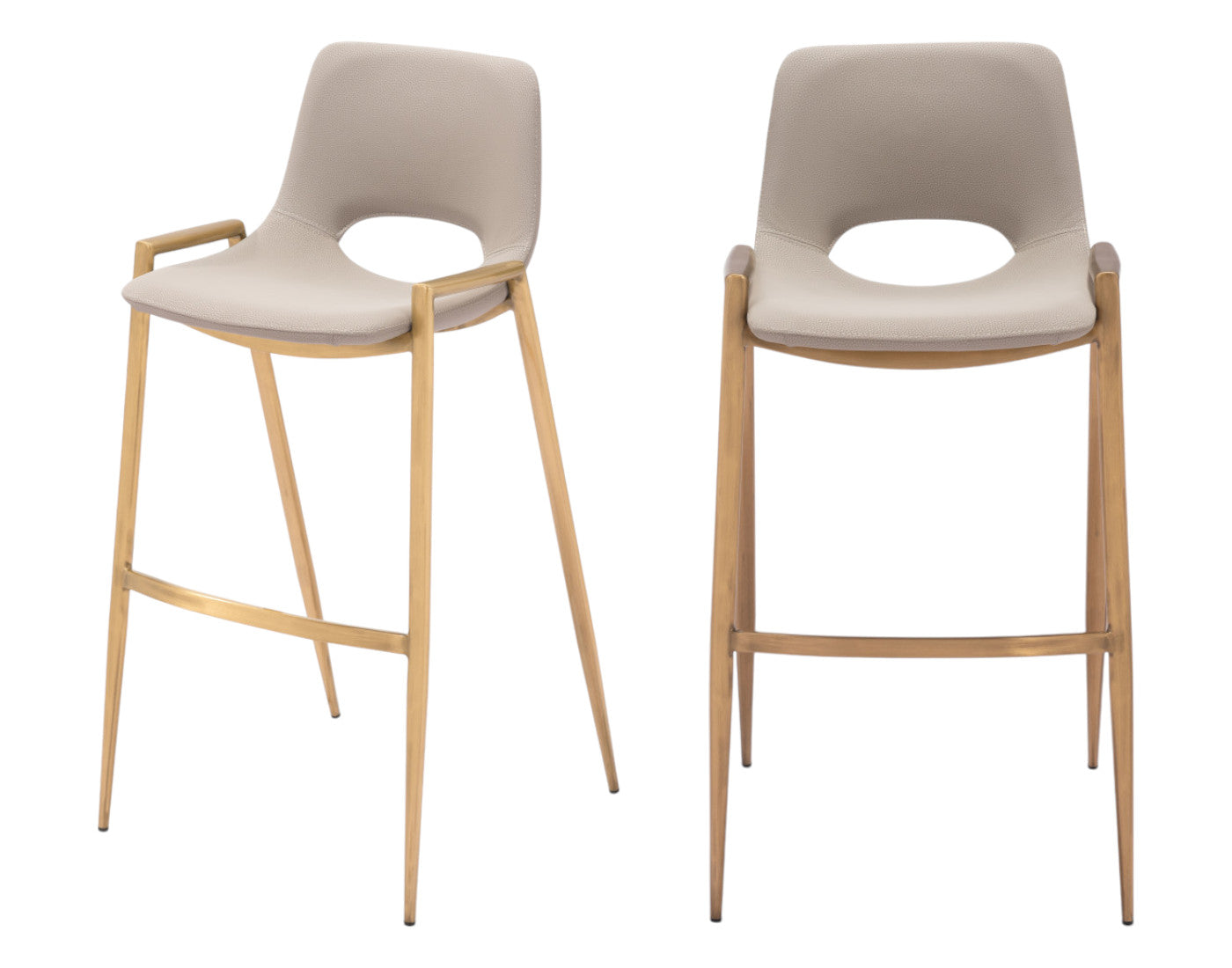 Set of Two 30" Beige And Gold Faux Leather And Steel Low Back Bar Height Bar Chairs