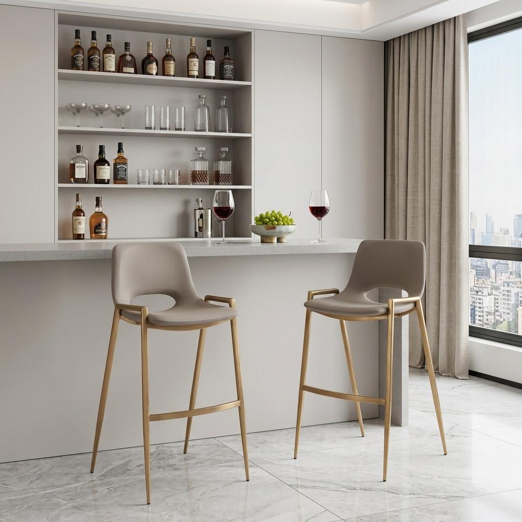 Set of Two 30" Beige And Gold Faux Leather And Steel Low Back Bar Height Bar Chairs