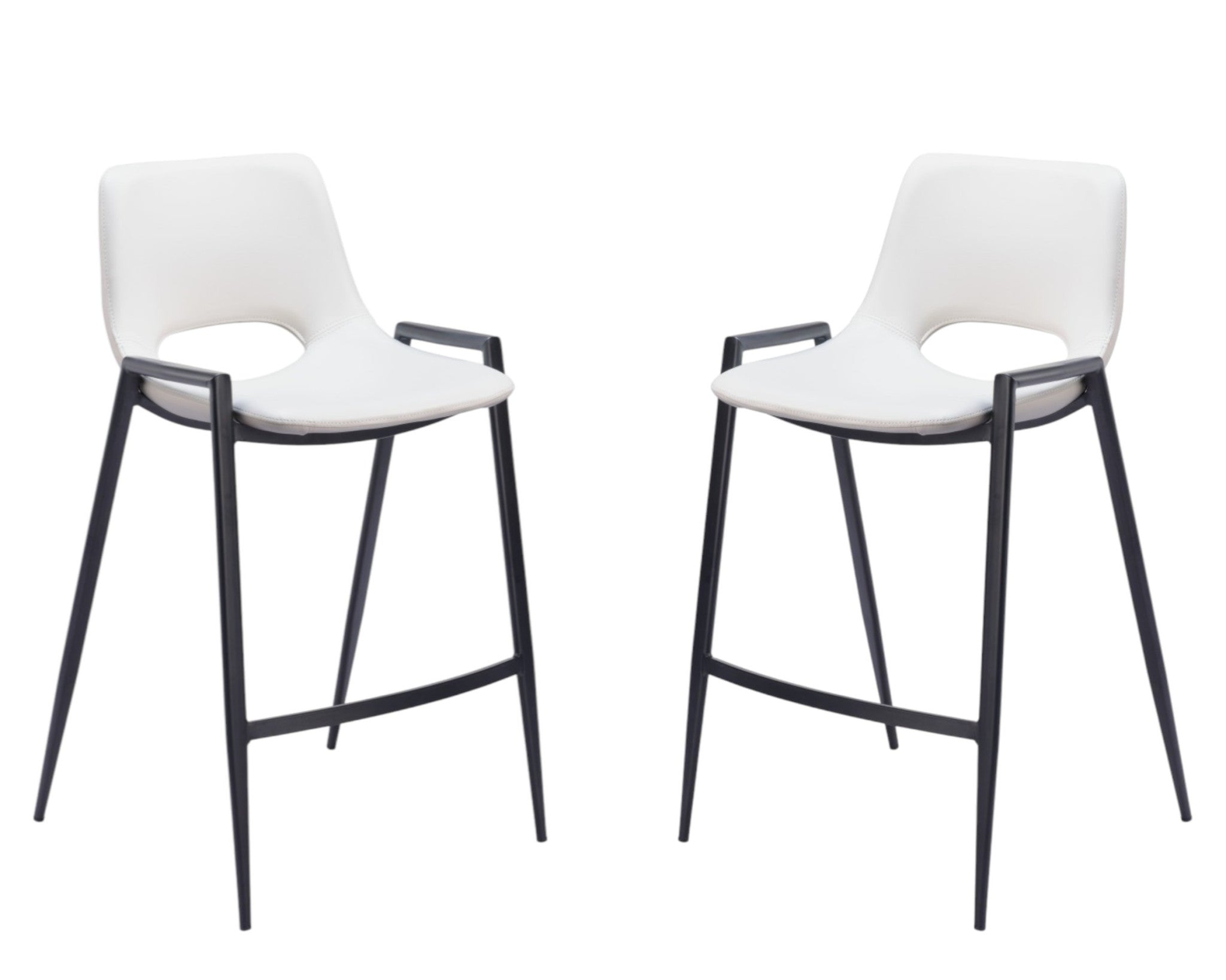 Set of Two 26" White and Black Faux Leather and Steel Low Back Counter Height Bar Chairs