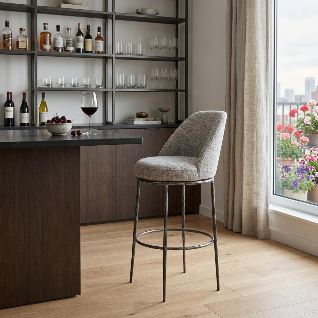 32" Gray And Black Fabric And Steel Bar Height Swivel Bar Chair