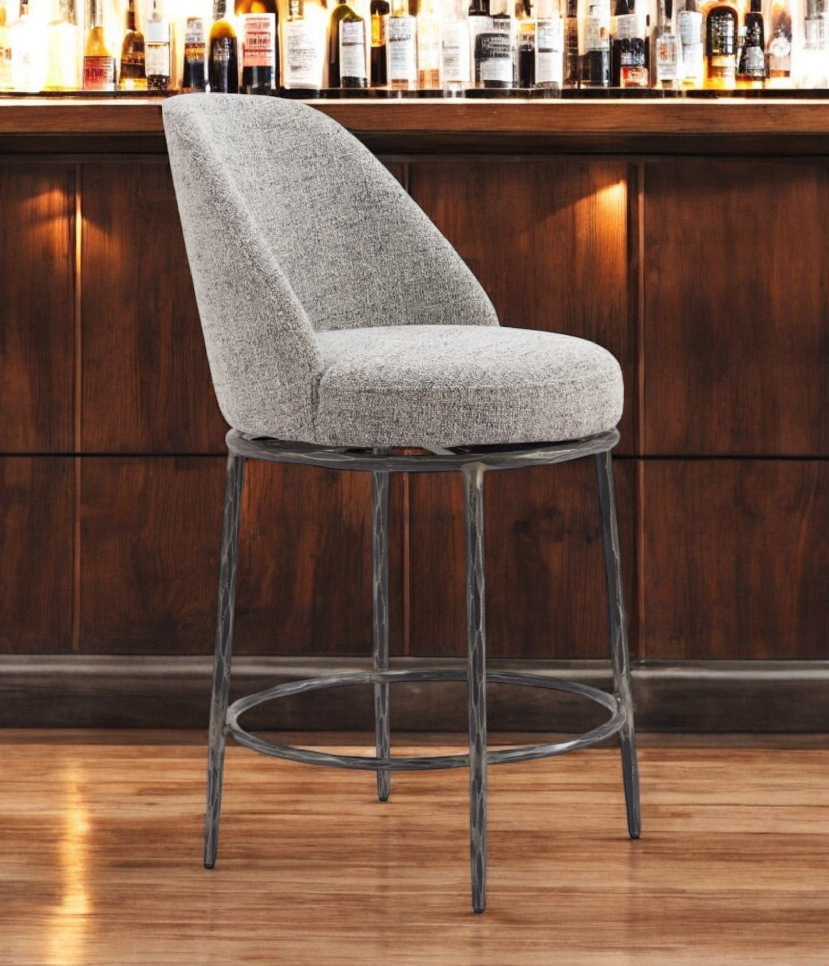 24" Gray and Black Fabric and Steel Counter Height Swivel Bar Chair