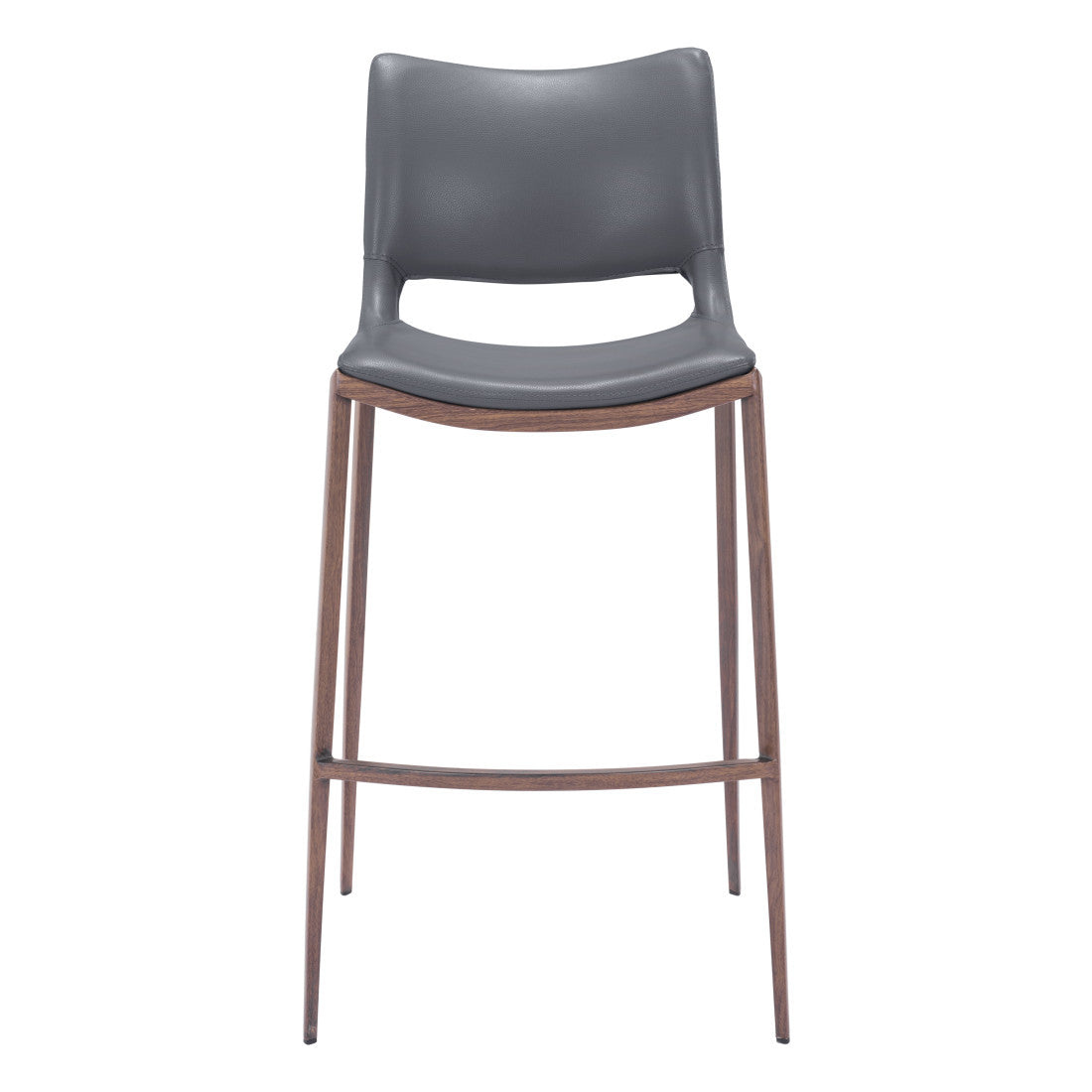 Set of Two 29" Dark Gray and Walnut Faux Leather and Steel Low Back Counter Height Bar Chairs