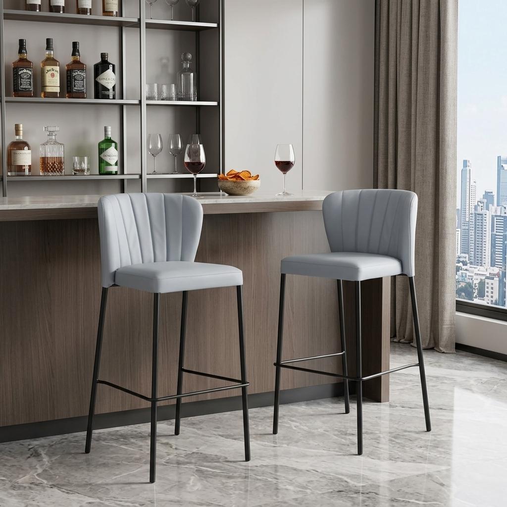 Set of Two 29" Gray And Black Faux Leather And Steel Bar Height Bar Chairs