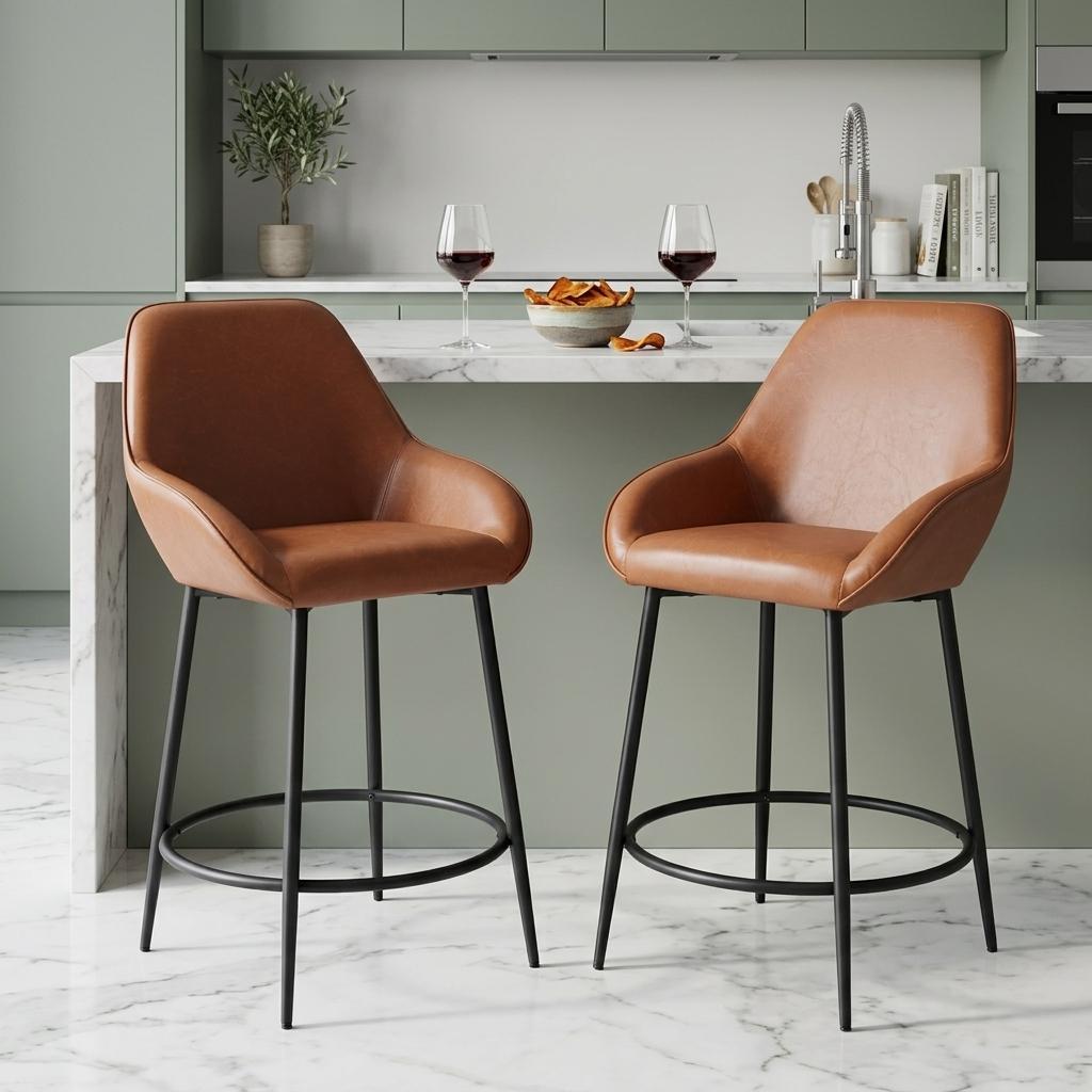 Set of Two 25" Brown And Black Faux Leather And Steel Counter Height Bar Chairs