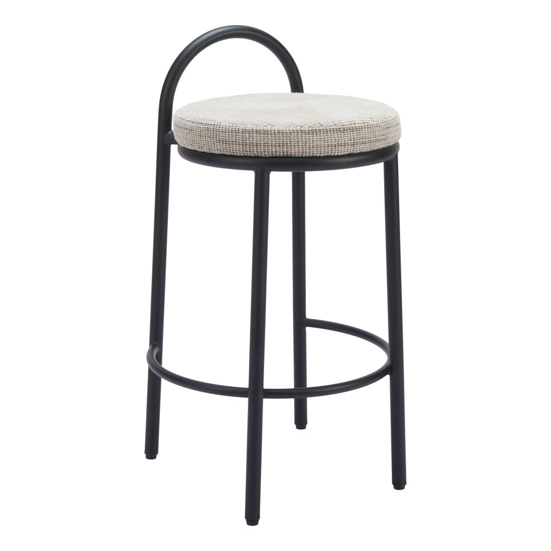 Set of Two 26" Beige and Black Chenille and Steel Low Back Counter Height Bar Chairs