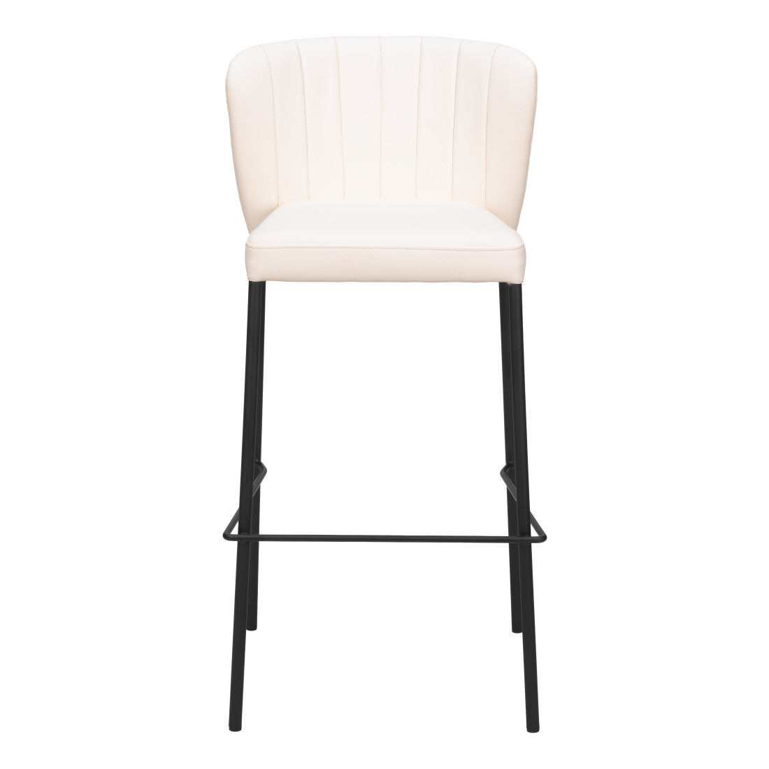Set of Two 29" Cream And Black Faux Leather And Steel Bar Height Bar Chairs