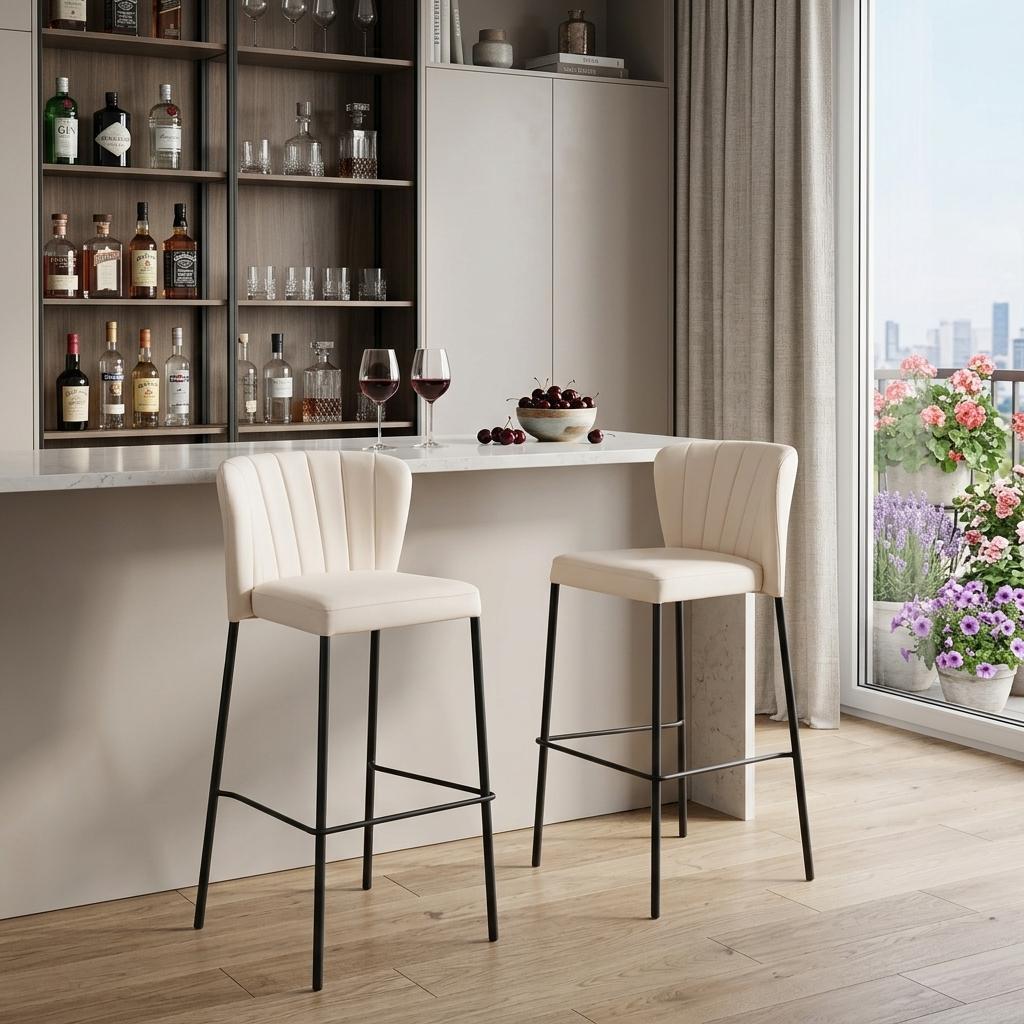 Set of Two 29" Cream And Black Faux Leather And Steel Bar Height Bar Chairs