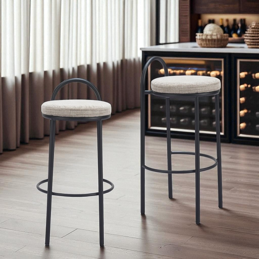 Set of Two 30" Beige and Black Chenille and Steel Low Back Bar Height Bar Chairs