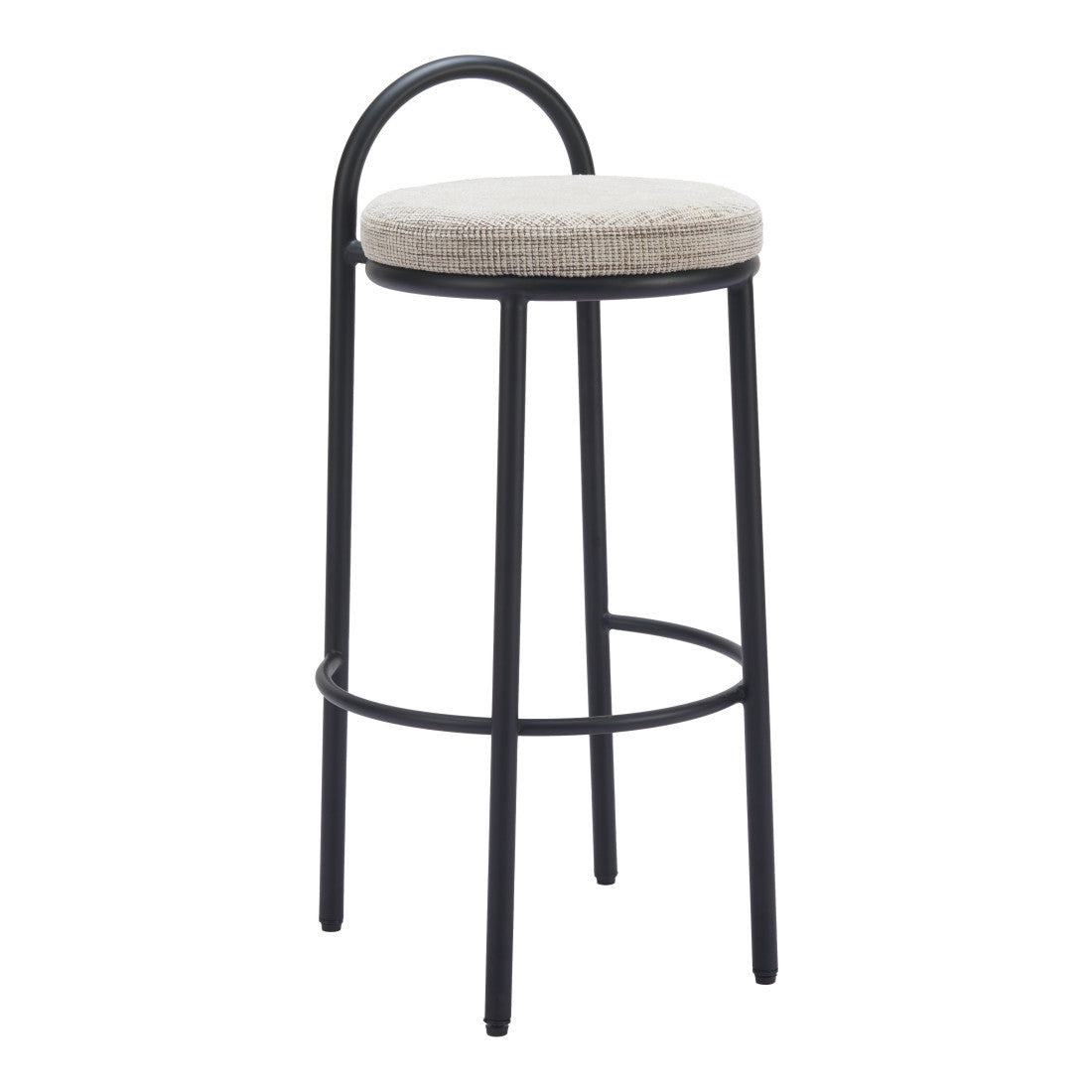 Set of Two 30" Beige and Black Chenille and Steel Low Back Bar Height Bar Chairs