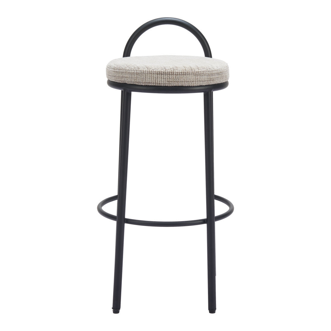Set of Two 30" Beige and Black Chenille and Steel Low Back Bar Height Bar Chairs