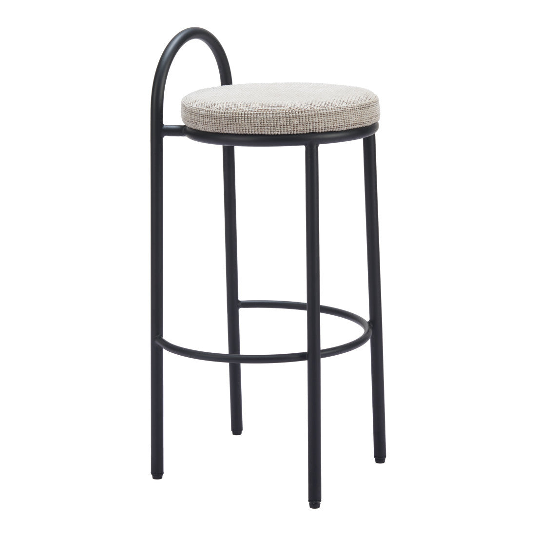 Set of Two 30" Beige and Black Chenille and Steel Low Back Bar Height Bar Chairs