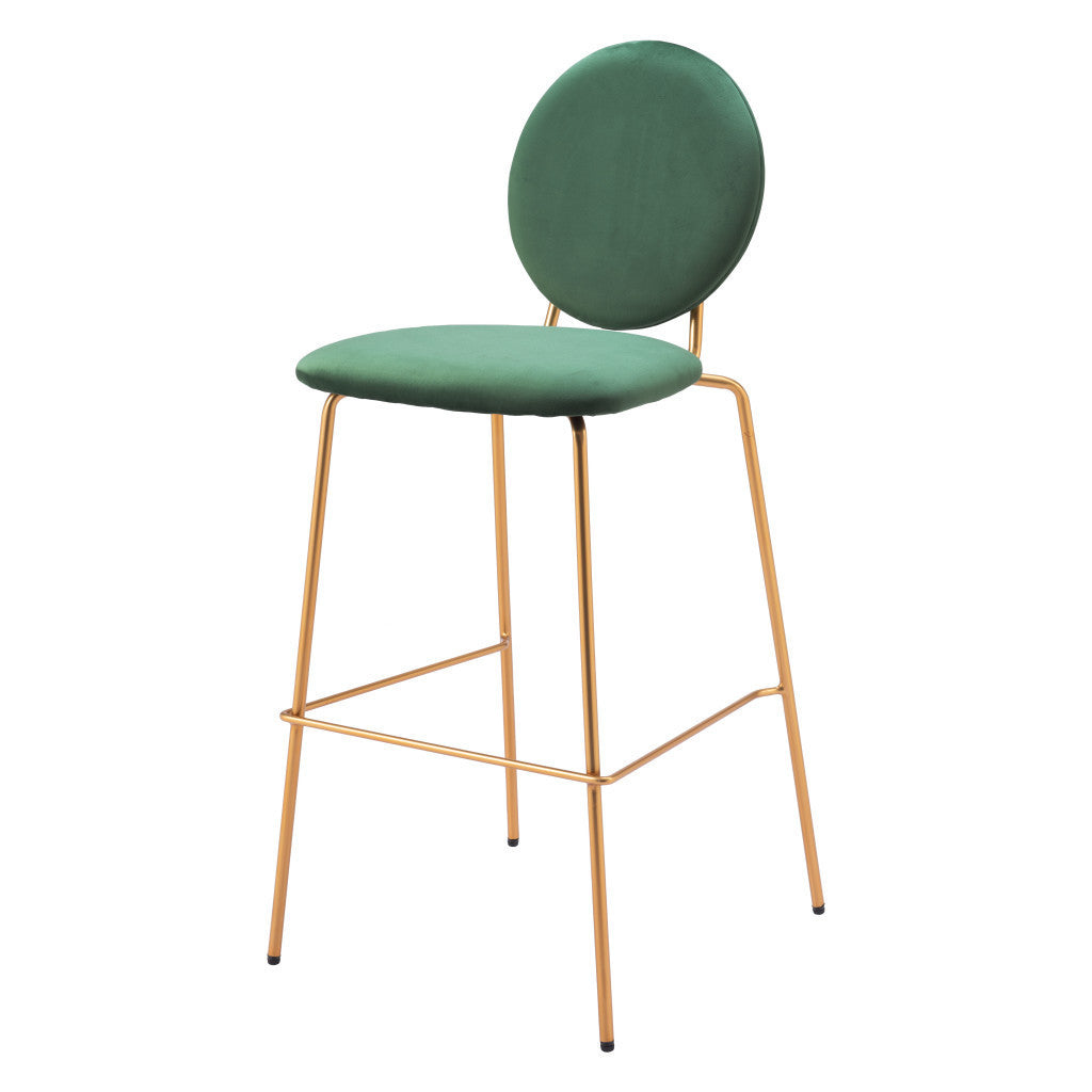 Set of Two 30" Green and Gold Velvet and Steel Bar Height Bar Chairs