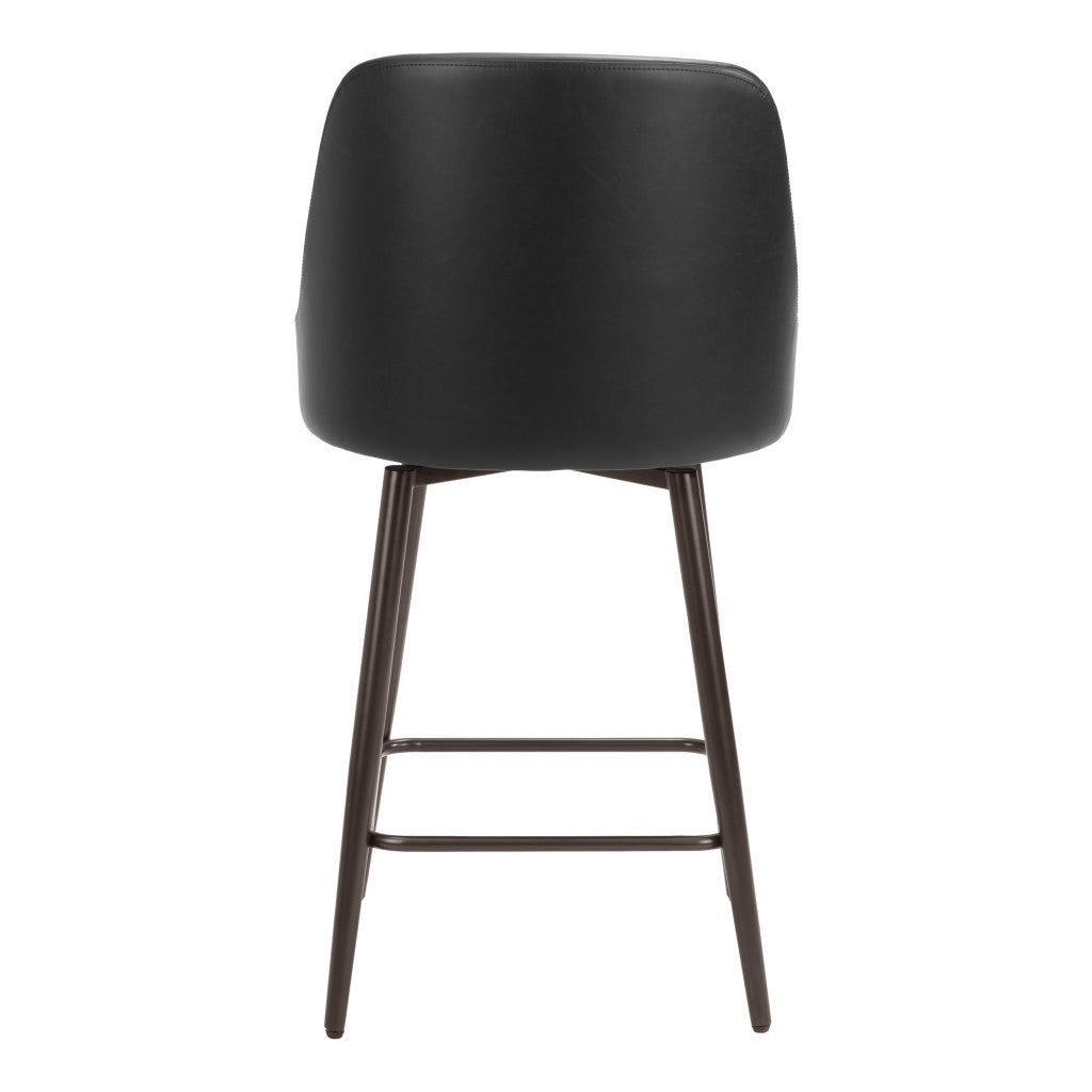 26" Black And Bronze Faux Leather And Steel Counter Height Swivel Bar Chair