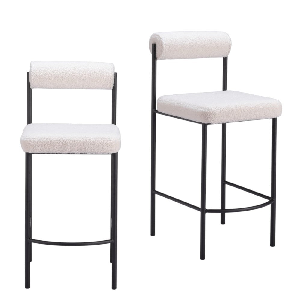 Set of Two 26" Ivory and Black Faux Shearling and Steel Low Back Counter Height Bar Chairs