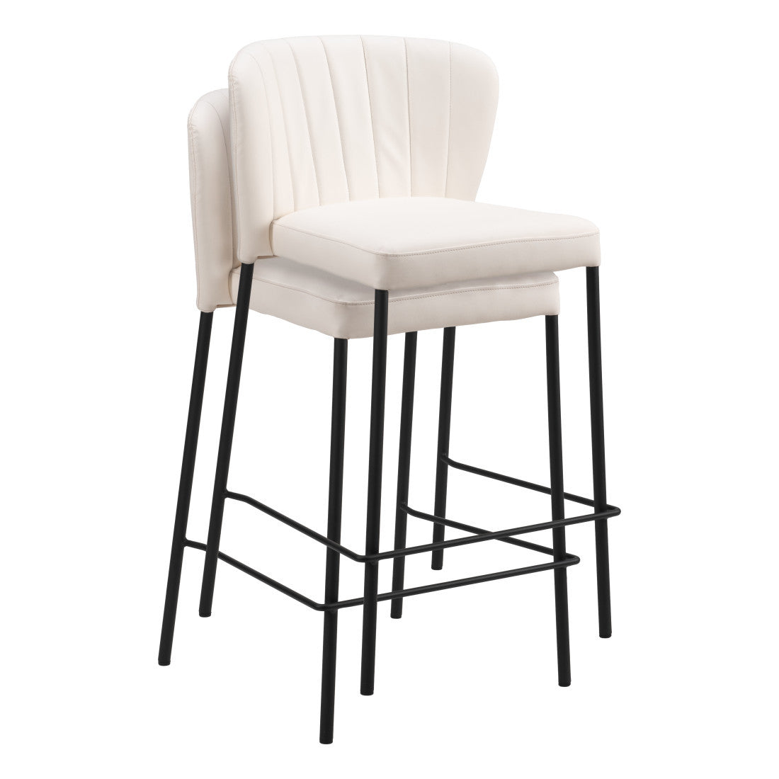 Set of Two 26" Cream And Black Faux Leather And Steel Counter Height Bar Chairs