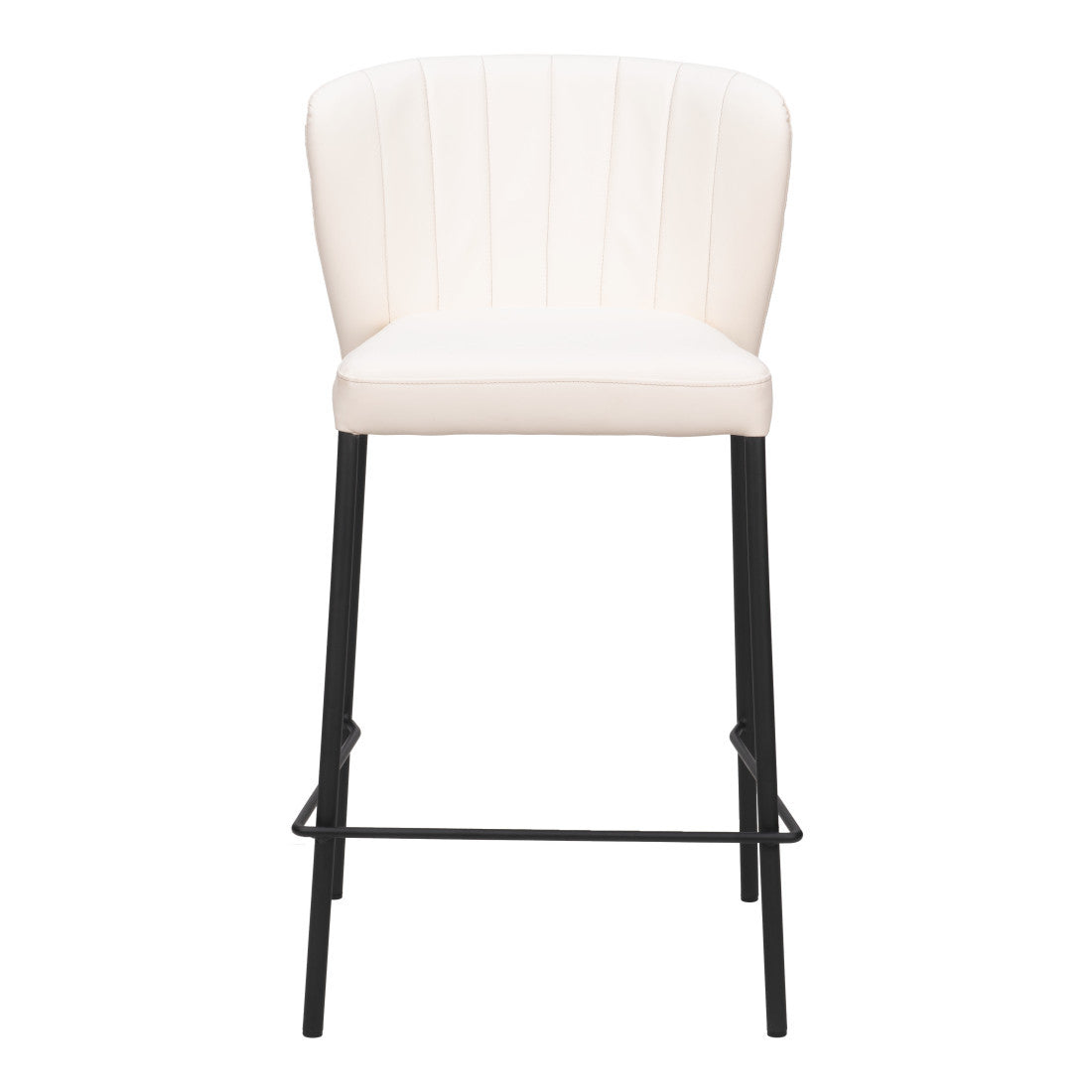 Set of Two 26" Cream And Black Faux Leather And Steel Counter Height Bar Chairs