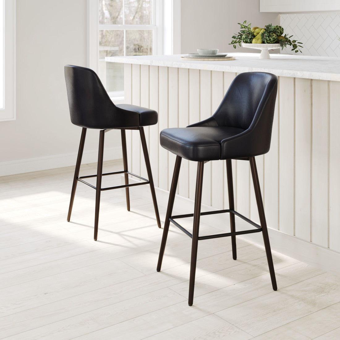 30" Black And Bronze Faux Leather And Steel Bar Height Swivel Bar Chair