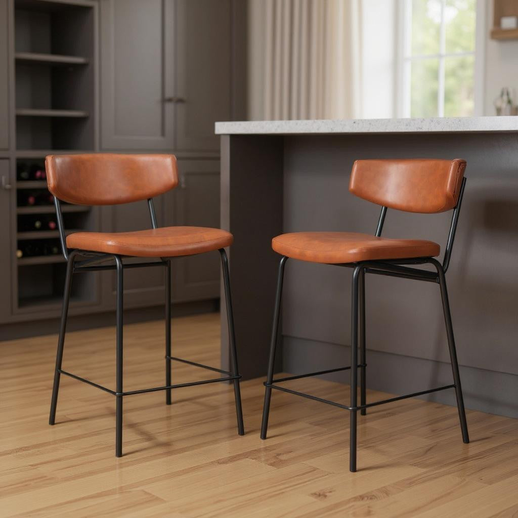 Set of Two 30" Brown and Black Faux Leather and Steel Low Back Bar Height Bar Chairs