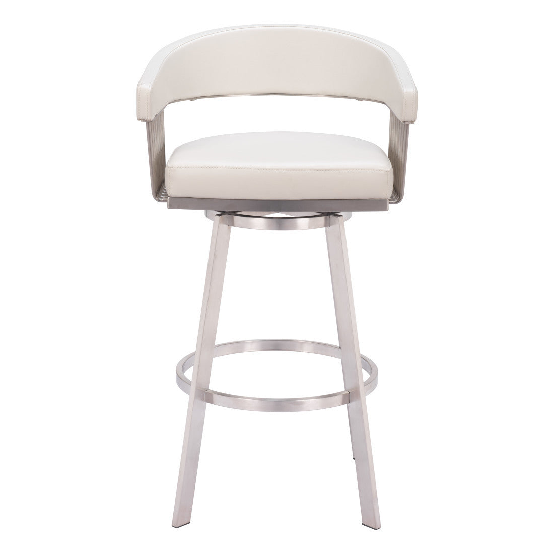 31" White And Silver Faux Leather And Stainless Steel Bar Height Swivel Bar Chair