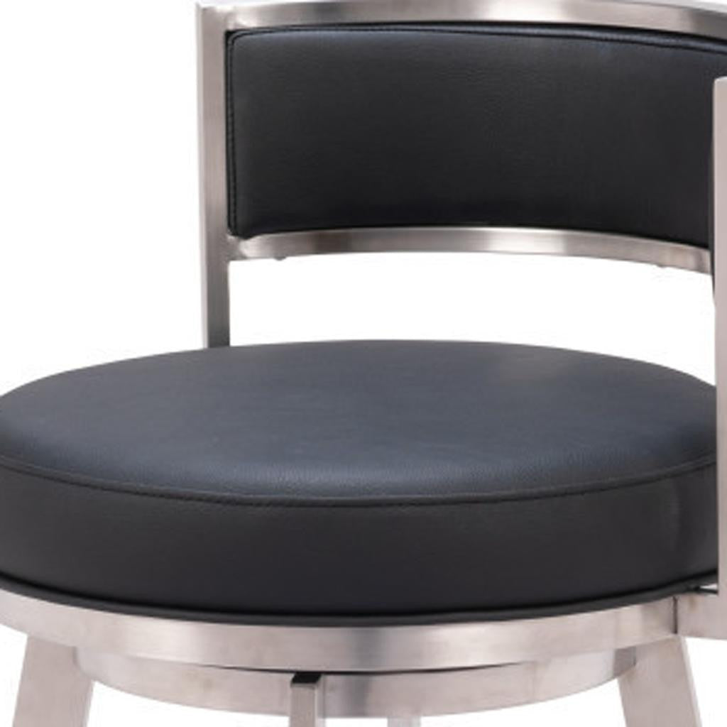 31" Black And Silver Faux Leather And Stainless Steel Low Back Bar Height Swivel Bar Chair