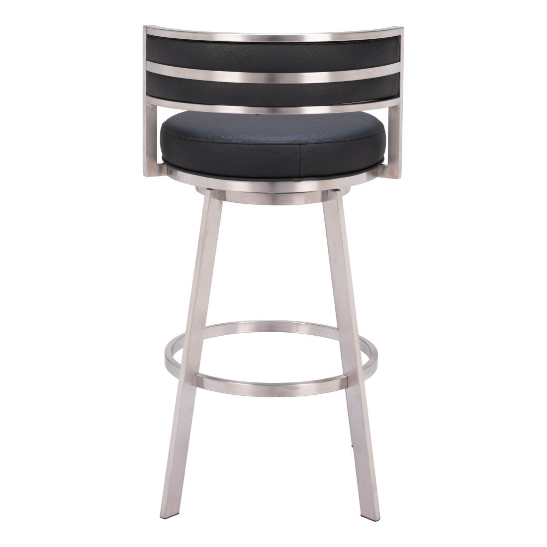 31" Black And Silver Faux Leather And Stainless Steel Low Back Bar Height Swivel Bar Chair