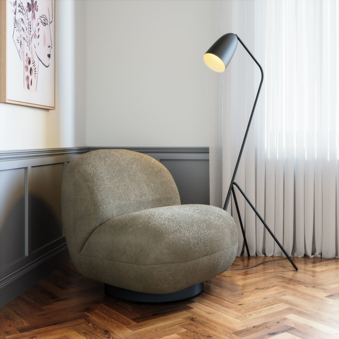 30" Khaki And Black Faux Shearling And Upholstered Slipper Chair