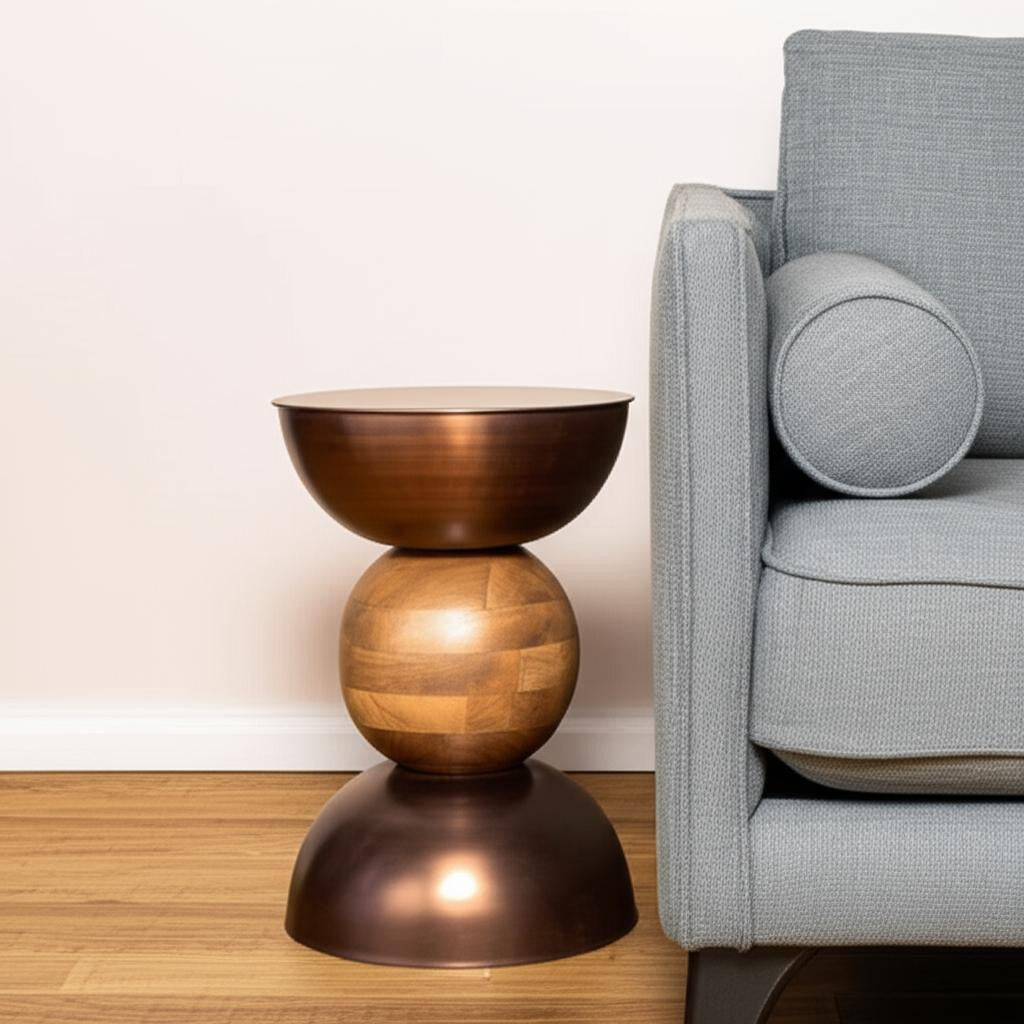 20" Bronze and Brown Iron and Solid Wood Round Pedestal End Table