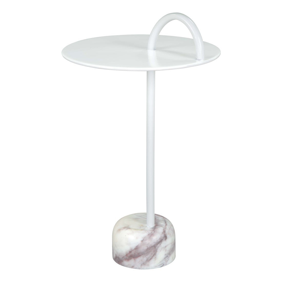 25" White Iron And Marble Round Pedestal End Table