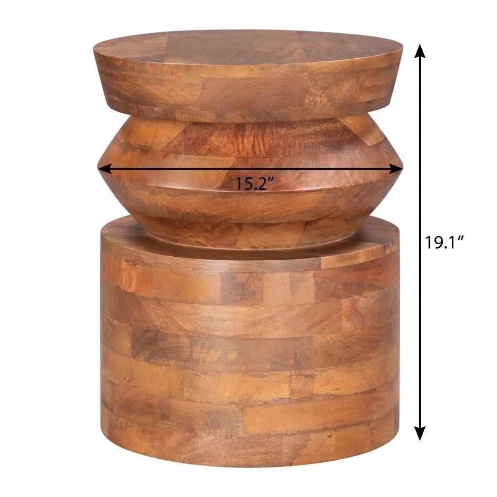 19" Brown Solid Wood Round Drum End Table