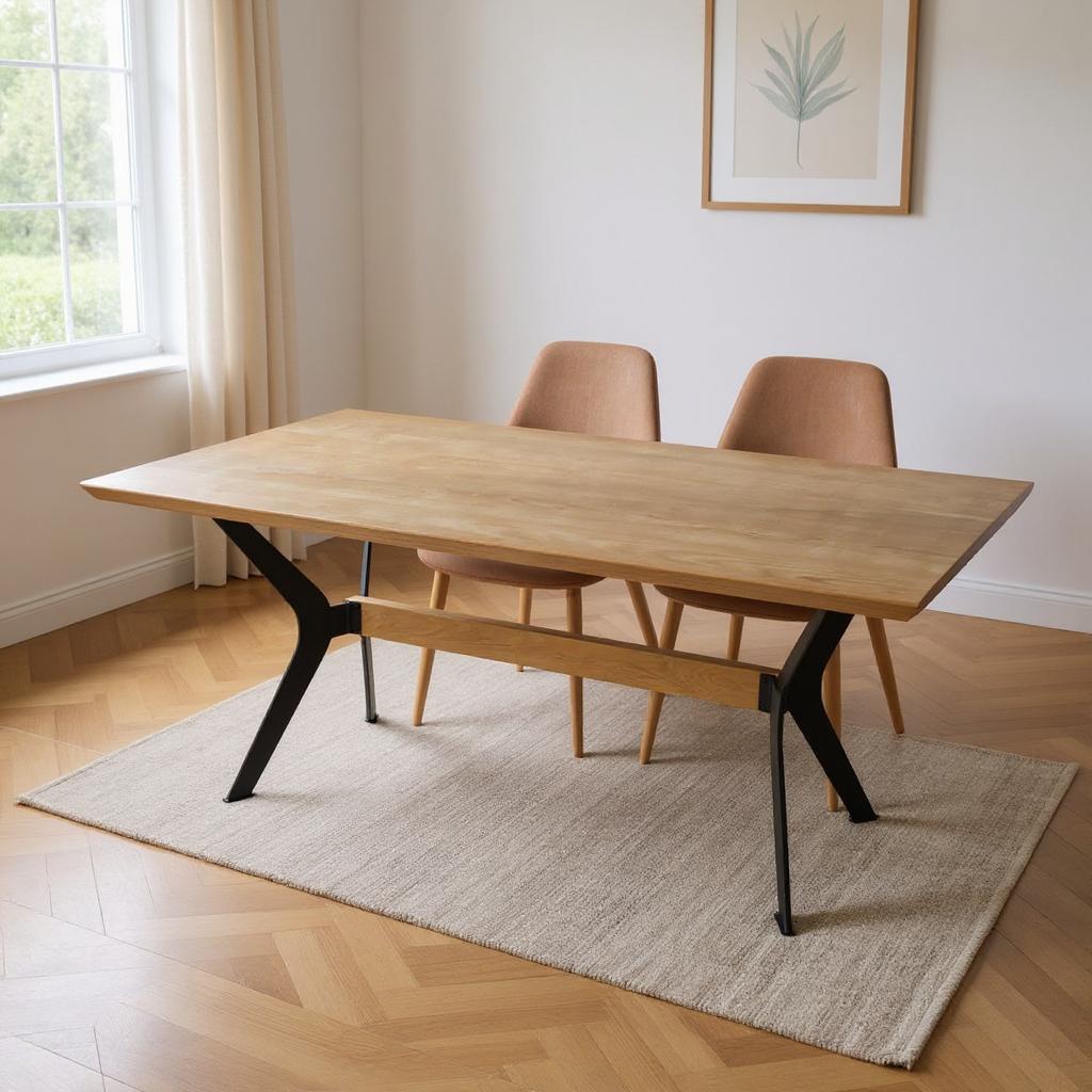 79" Brown and Red Wood and Metal Trestle Base Dining Table