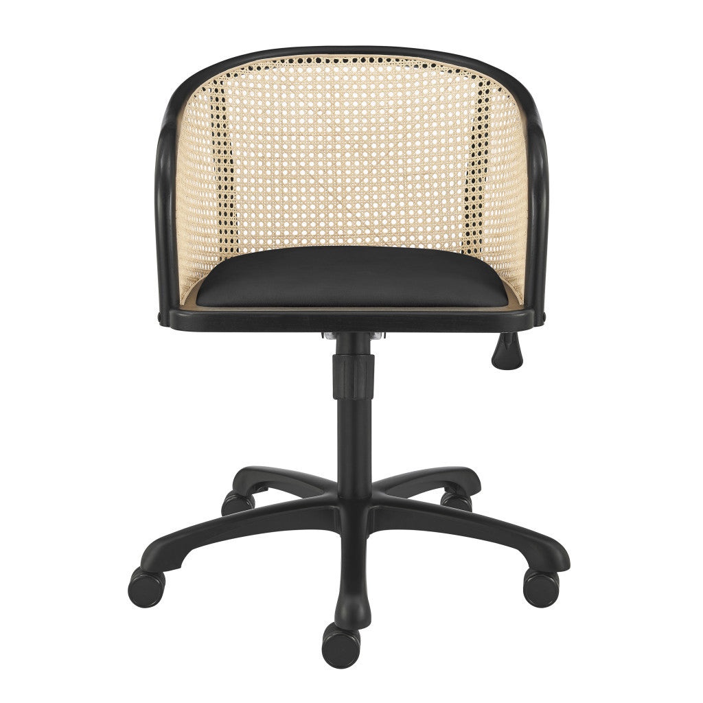 Beige and Black Solid Wood Steel And Cane Rattan Adjustable Swivel Rolling Office Chair