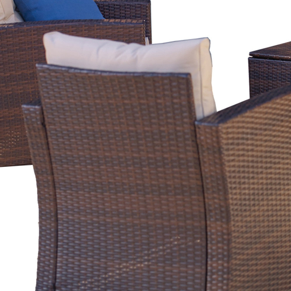 Five Piece Outdoor Dark Brown Wicker Sofa Seating Group with Beige Cushions