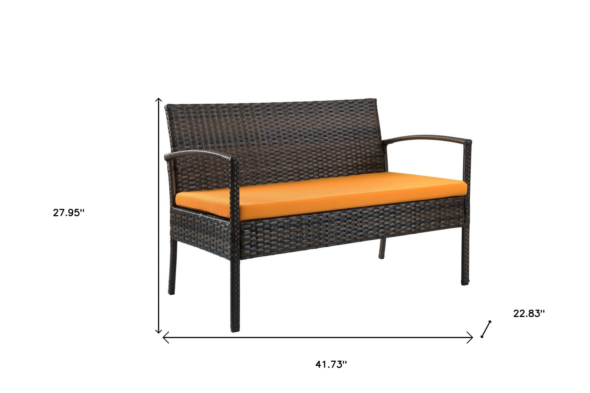 Four Piece Outdoor Dark Brown Wicker Sofa Seating Group with Orange Cushions