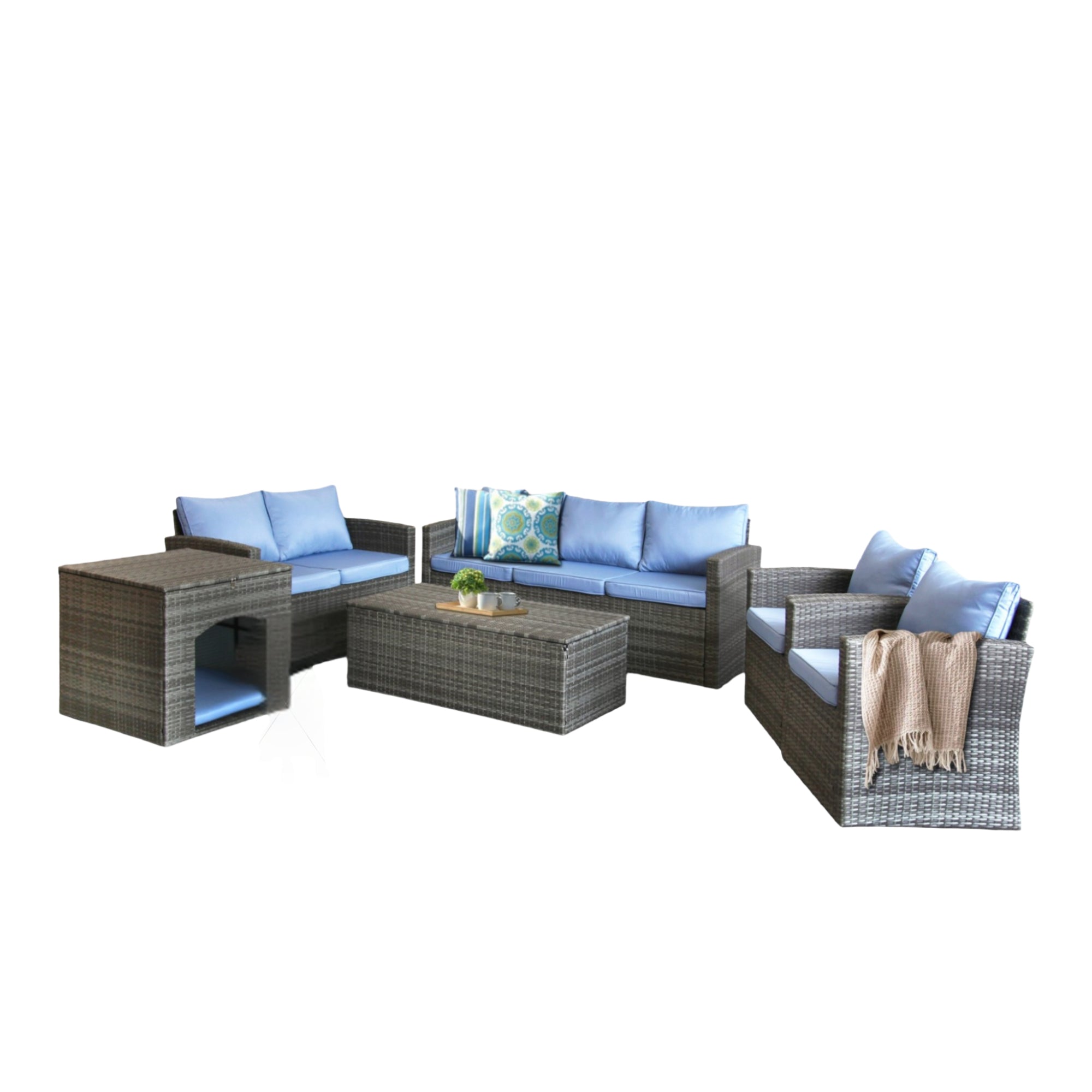 Six Piece Outdoor Gray Wicker Sofa Seating Group with Light Blue Cushions