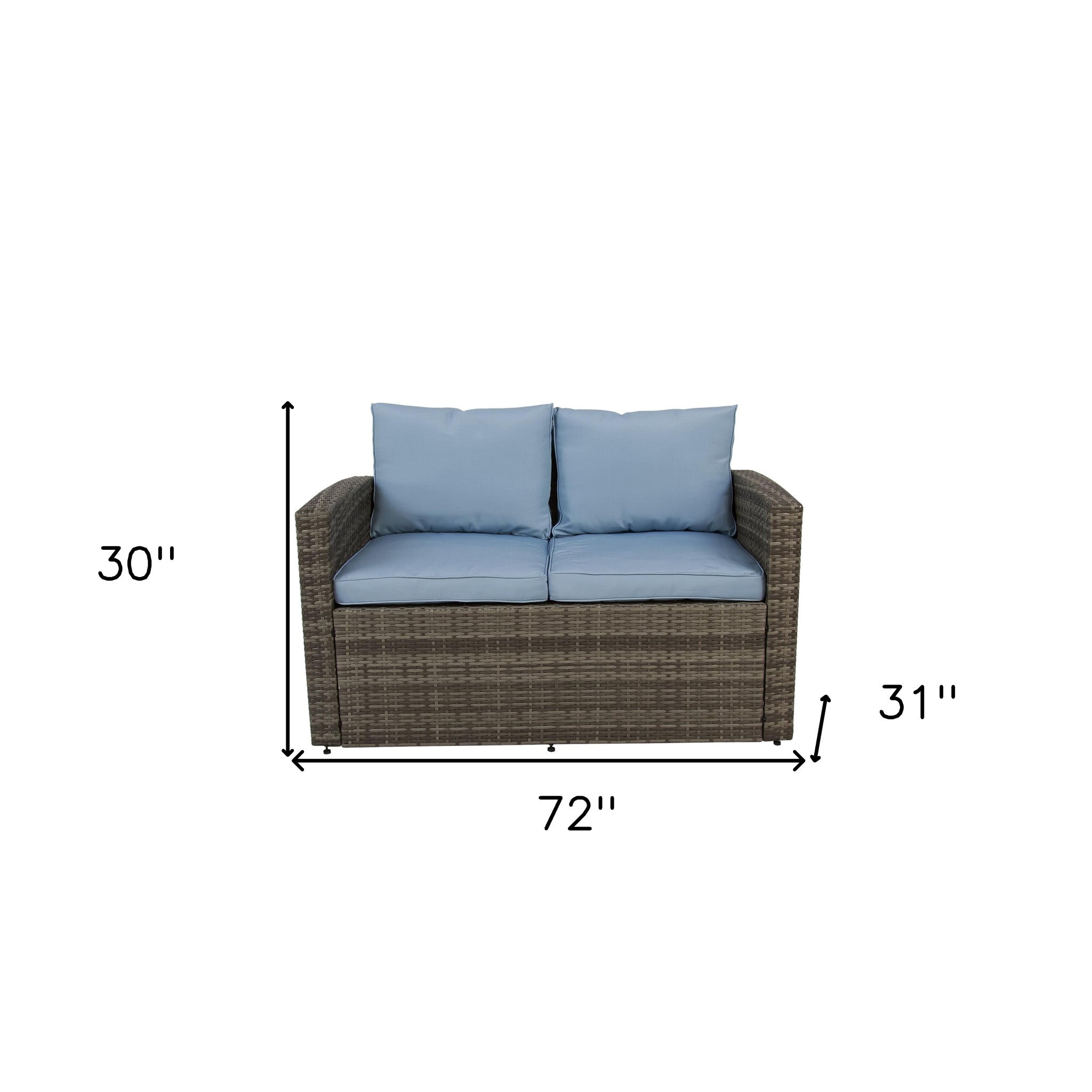 Six Piece Outdoor Gray Wicker Sofa Seating Group with Light Blue Cushions