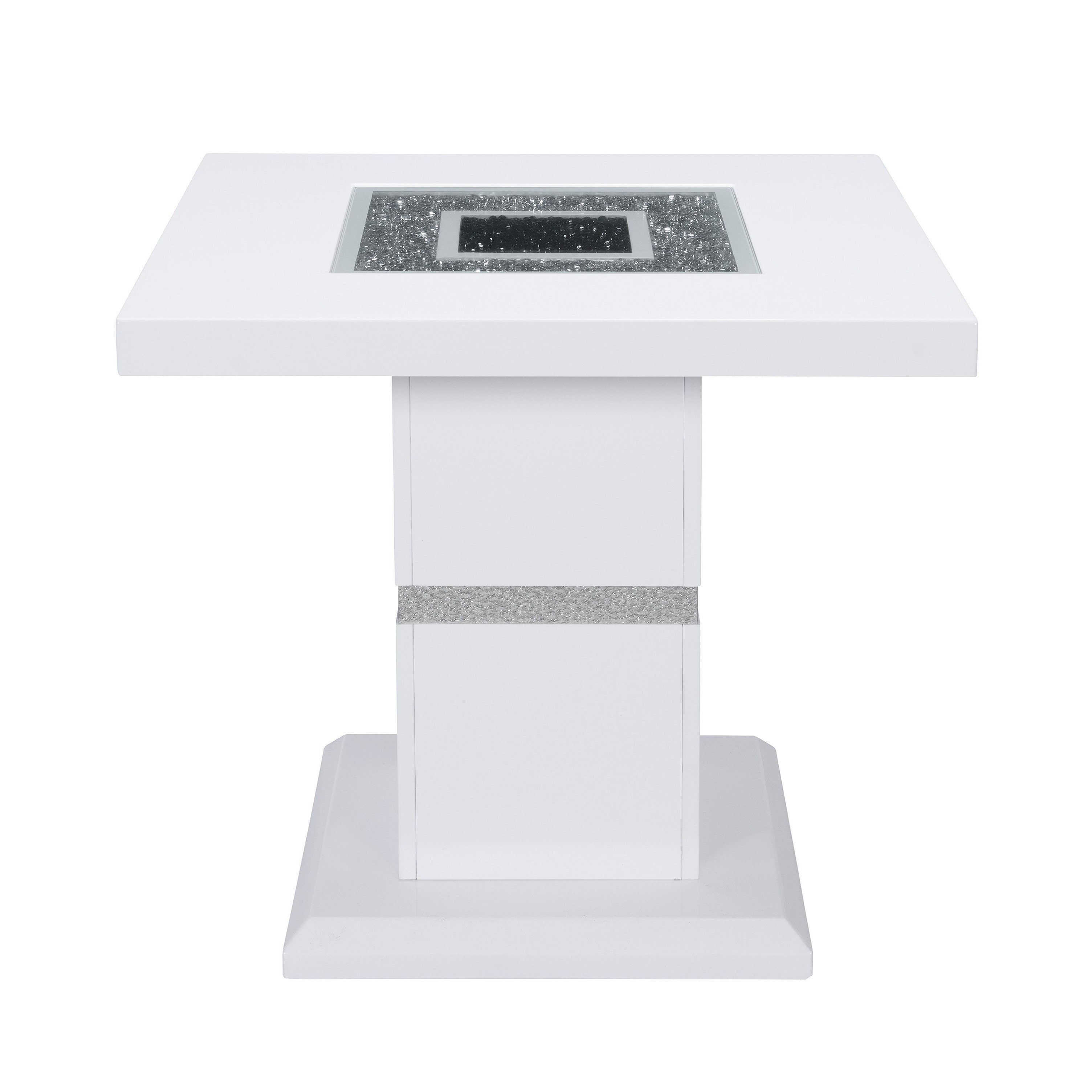 24" White and Silver Glass and Wood Faux Crystal Bling Square Pedestal End Table