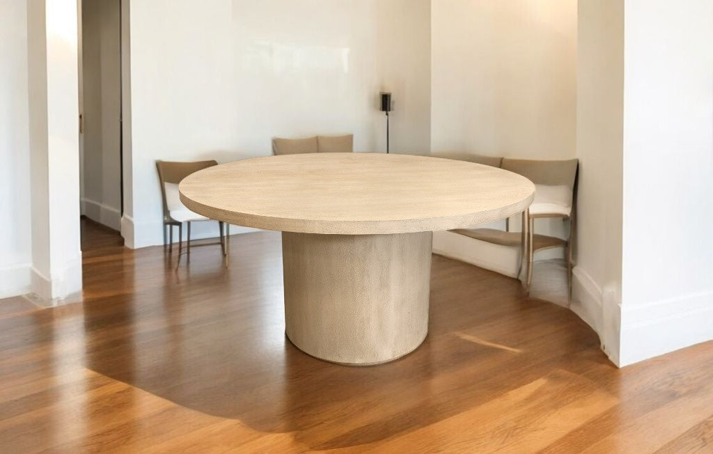 60" Natural and Brown Rounded Solid Wood Pedestal Base Dining Table