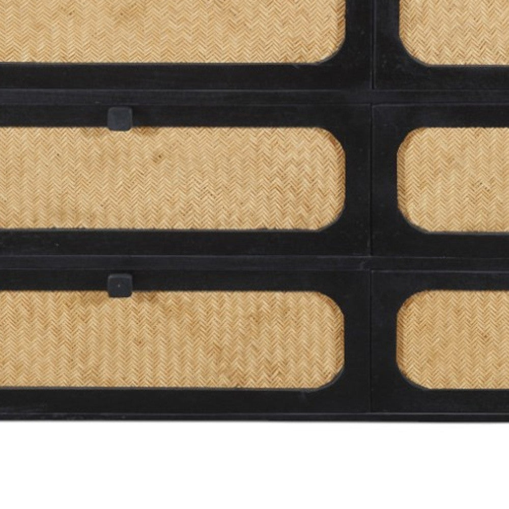 56" Black And Natural Solid Wood And Rattan Six Drawer Double Dresser