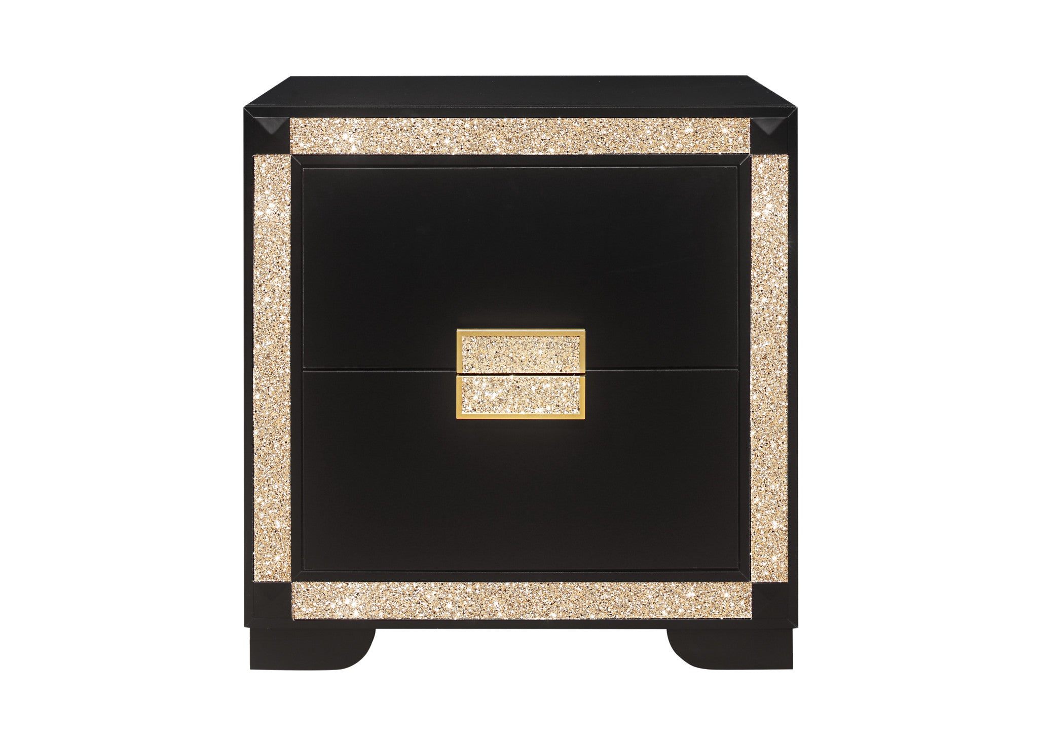 26" Black and Gold Two Drawer Faux Crystal Bling Wood Nightstand