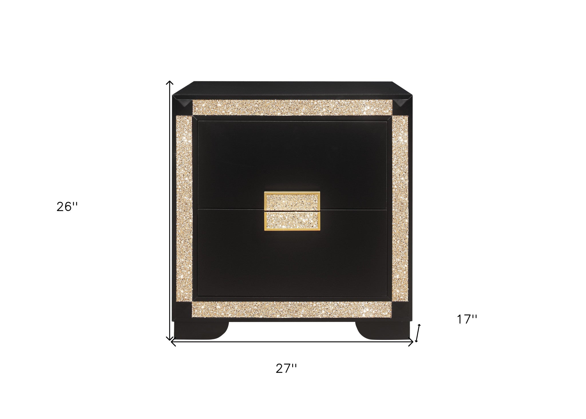 26" Black and Gold Two Drawer Faux Crystal Bling Wood Nightstand