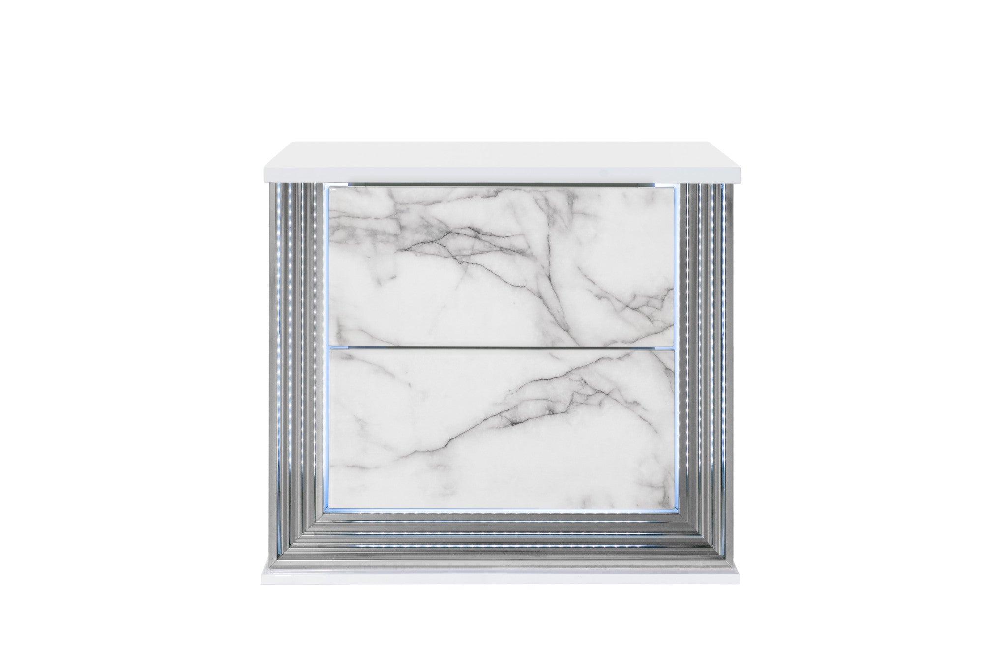 25" White Wood Faux Marble Solid and Manufactured Wood Lighted Two Drawer Nightstand with USB Port