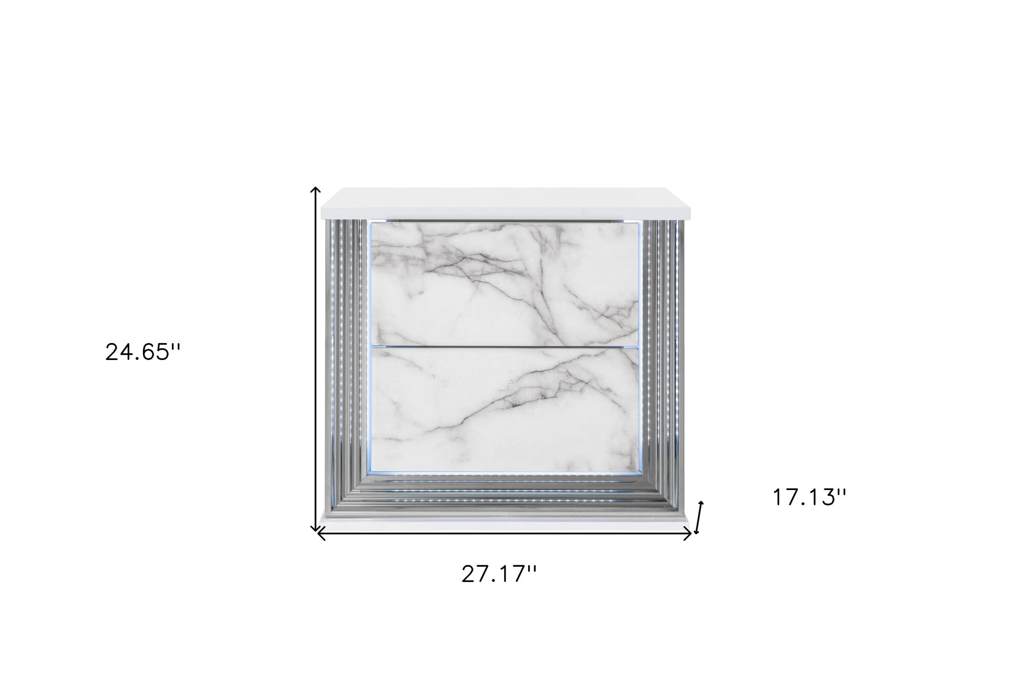 25" White Wood Faux Marble Solid and Manufactured Wood Lighted Two Drawer Nightstand with USB Port