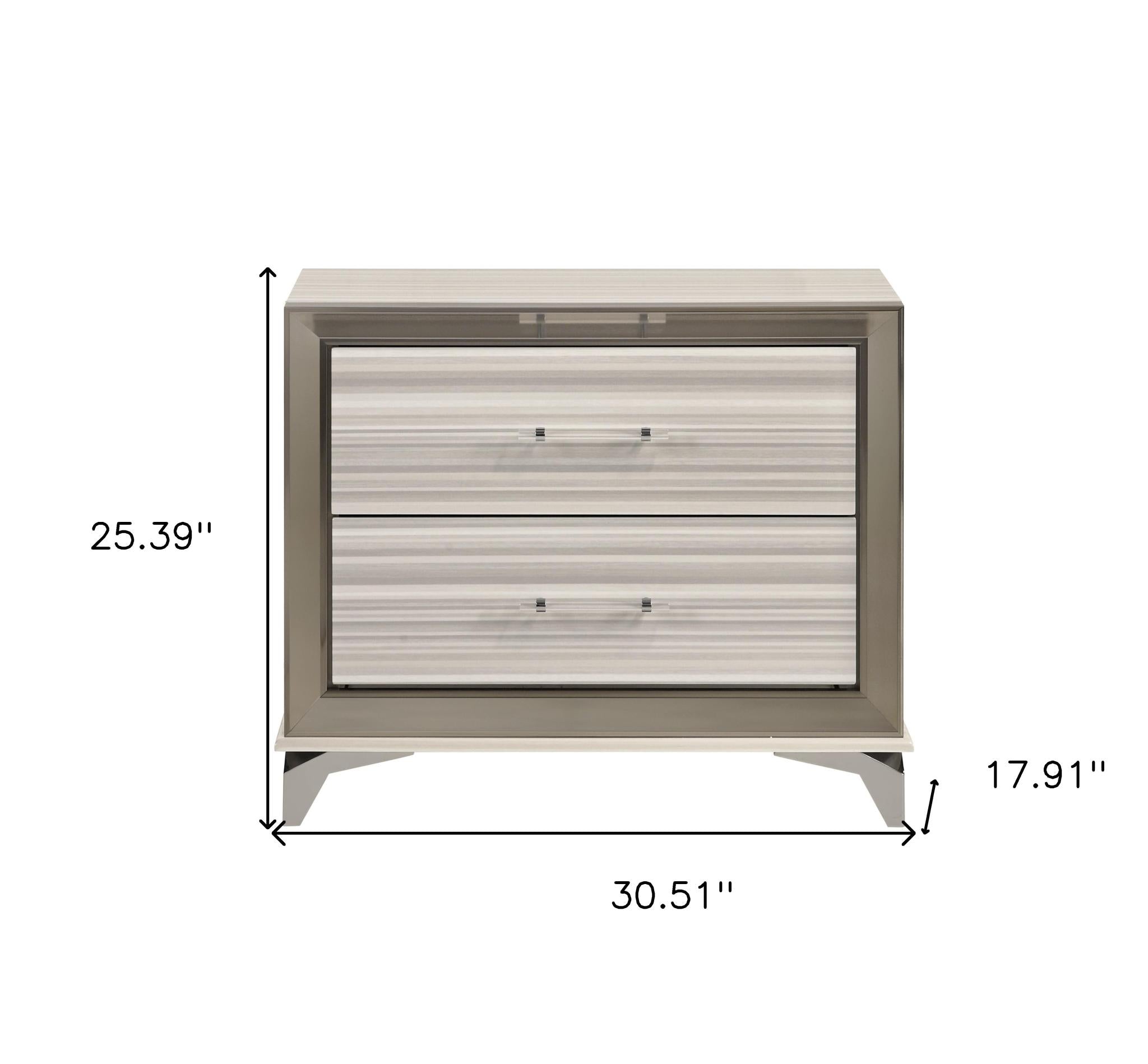 25" Silver And White Wood Lighted Two Drawer Nightstand