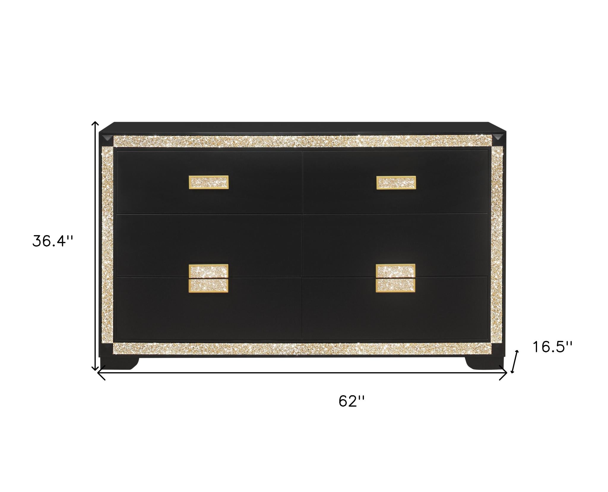 62" Black And Gold Faux Crystal Bling Wood Six Drawer Double Dresser