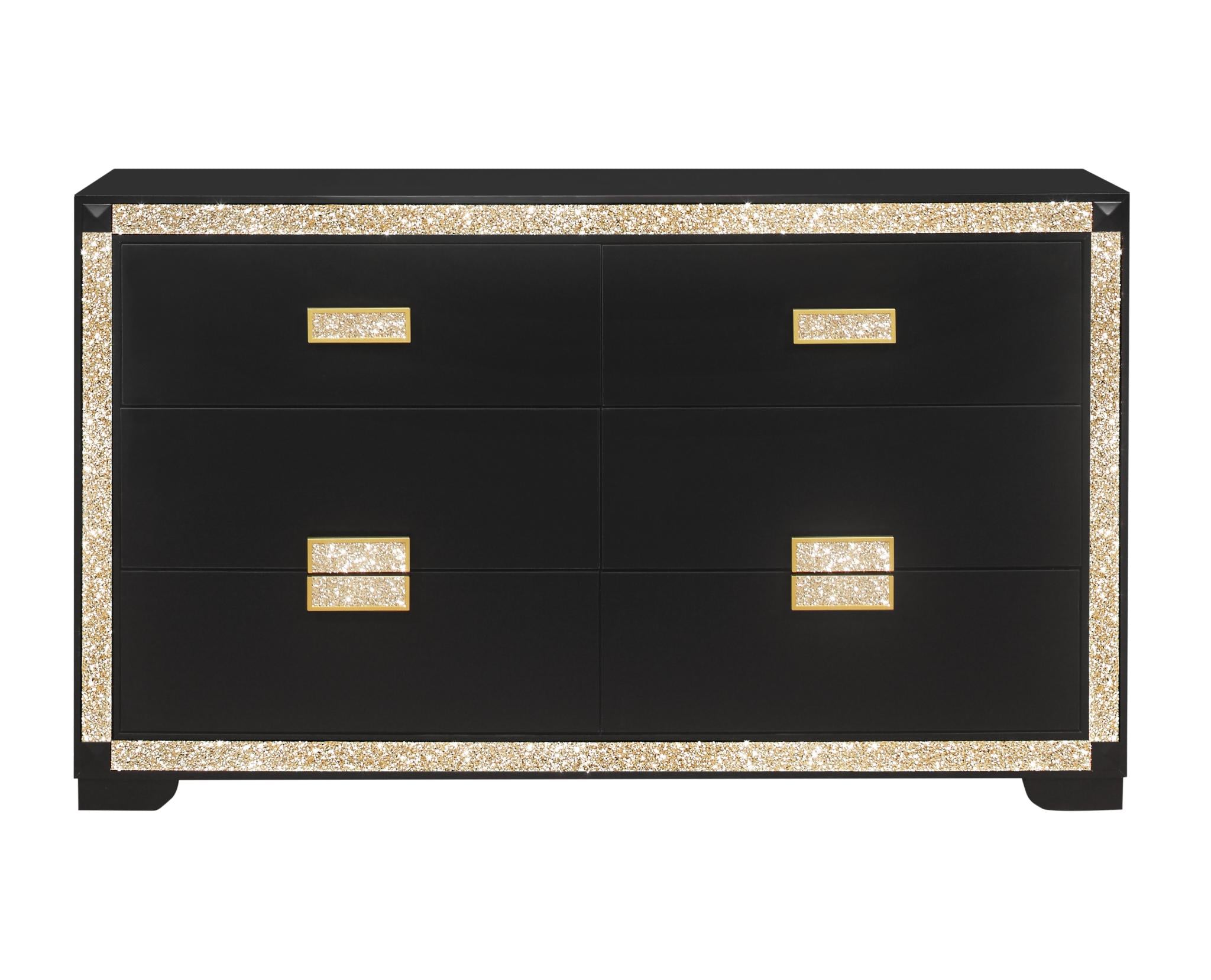 62" Black And Gold Faux Crystal Bling Wood Six Drawer Double Dresser