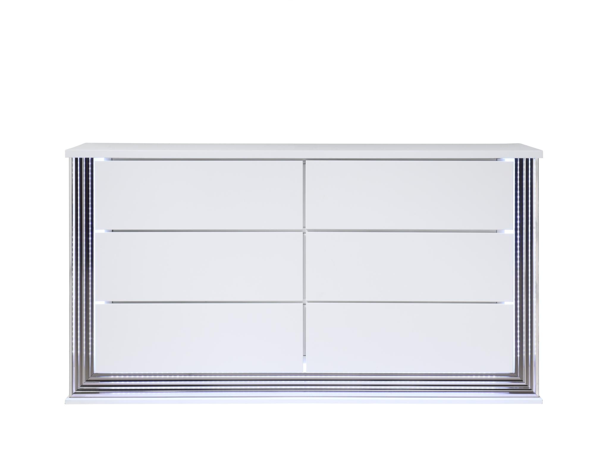 61" White Wood Lighted Six Drawer Double Dresser