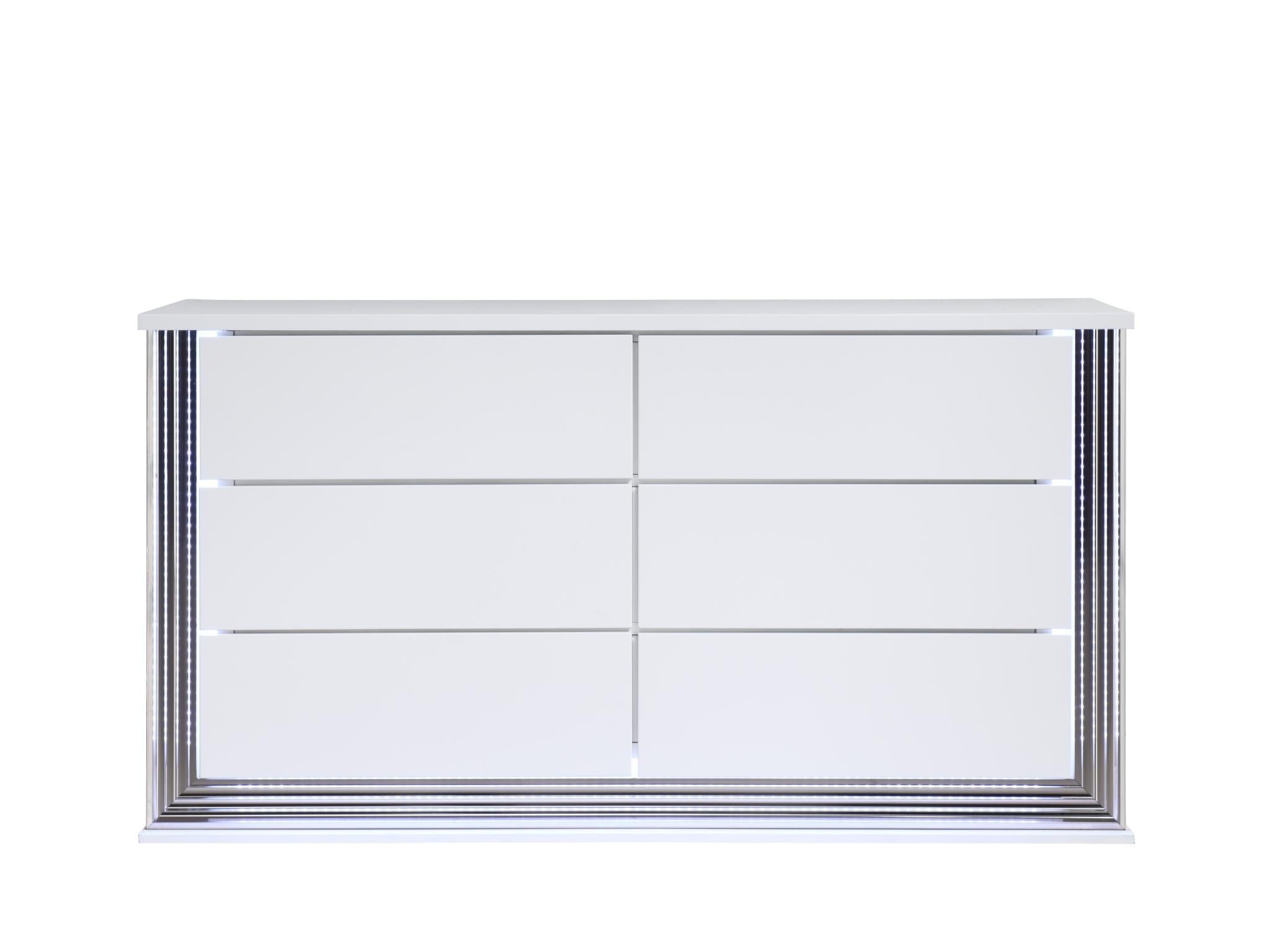 61" White Wood Lighted Six Drawer Double Dresser