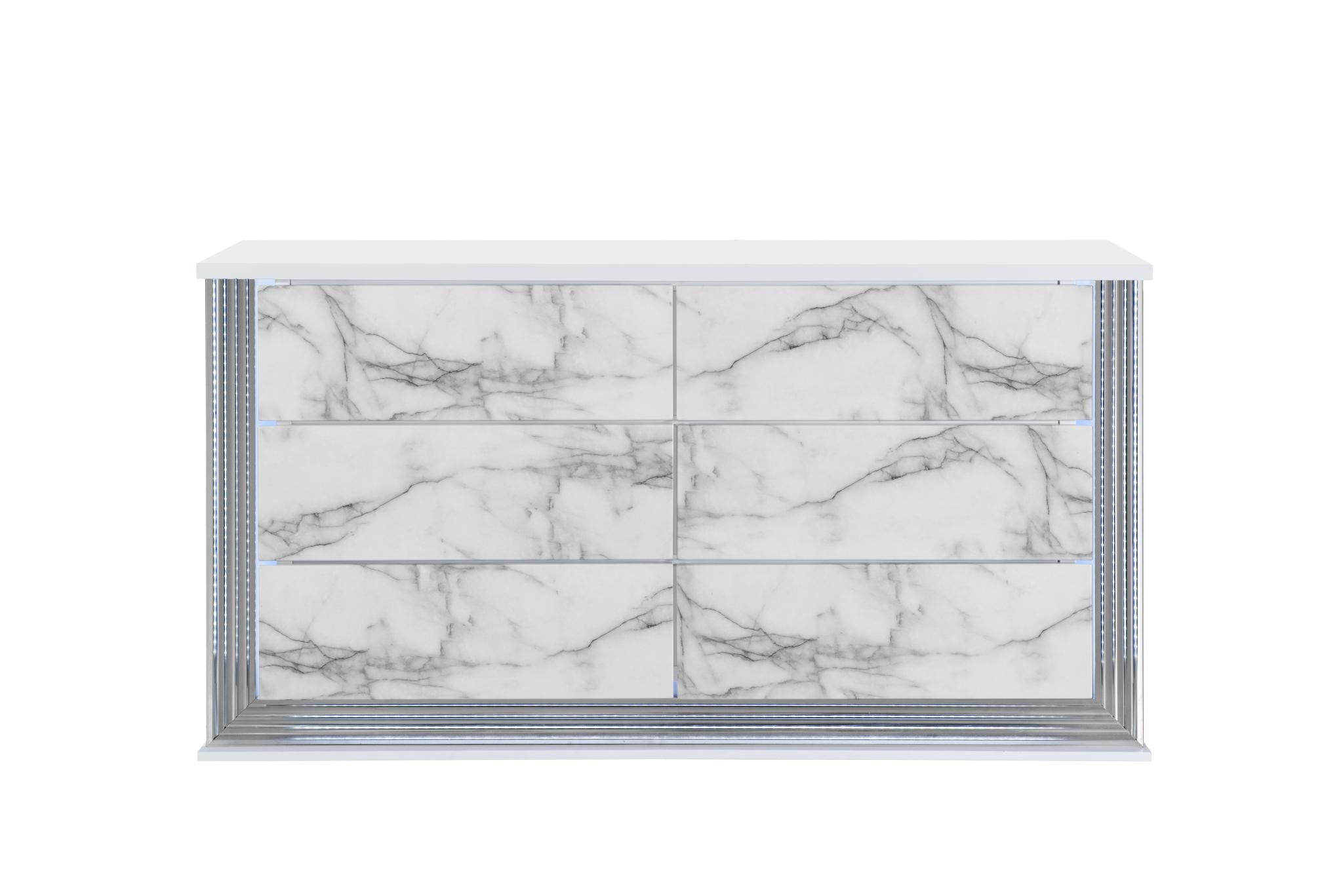 61" White Faux Marble And Wood Lighted Six Drawer Double Dresser