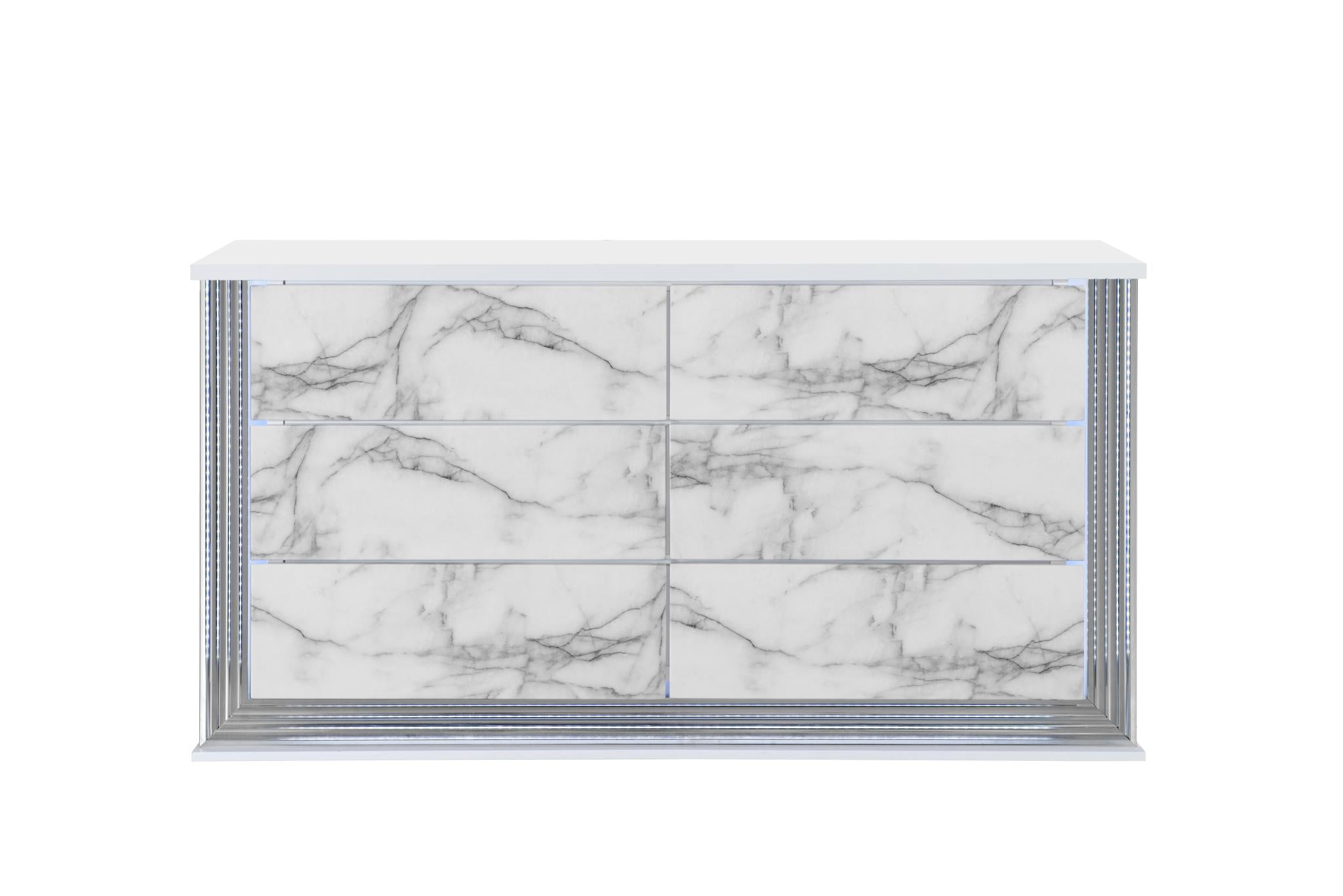 61" White Faux Marble And Wood Lighted Six Drawer Double Dresser