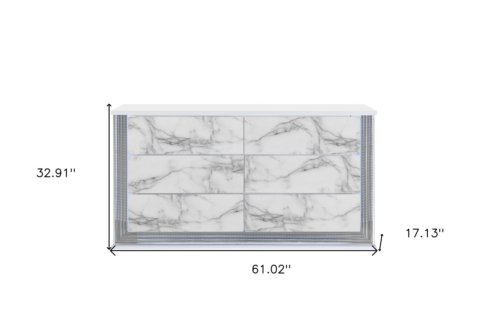 61" White Faux Marble And Wood Lighted Six Drawer Double Dresser